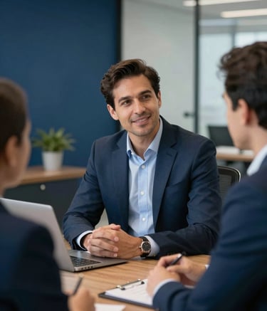 A professional financial consultant meeting with a client in a modern South American / Brazilian office. The lighting is bright and professional, incorporating deep navy blue and steel blue details in the office decor and professional attire.