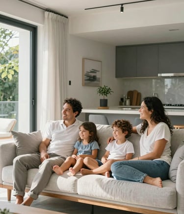 A happy family relaxing in a modern, secure South American / Brazilian home, reflecting peace of mind and financial security. The scene is bright with natural sunlight, featuring soft blue-grey and off-white mist interior accents to match the professional brand mood.