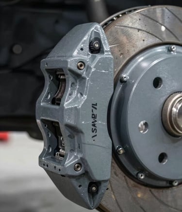 A close-up, high-detail photograph of a performance braking system featuring a slate grey caliper and metallic rotor. The shot is taken in a well-lit North American professional garage, highlighting precision engineering and cool grey tones.