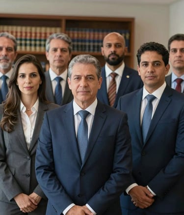 A group of professional South American lawyers, men and women in formal business attire, standing together in a light-filled office in Brazil. Confident expressions, blurred library background with legal books, palette of navy and light blue, soft natural lighting.