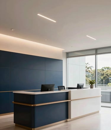 Modern Brazilian law office interior with high ceilings and glass walls. Soft natural light illuminates a professional reception area with dark blue and off-white accents. South American corporate setting, clean and elegant photography.