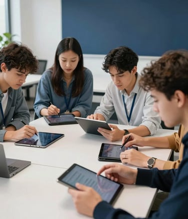 A high-energy collaborative session in a modern tech-forward classroom where learners are solving complex problems on tablets, soft white and navy blue surroundings, professional photography.
