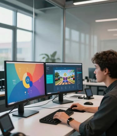 Professional photography of a specialist in a sleek, modern English-speaking studio with glass walls, designing vibrant digital learning environments on multiple high-resolution monitors, soft daylight, professional atmosphere.