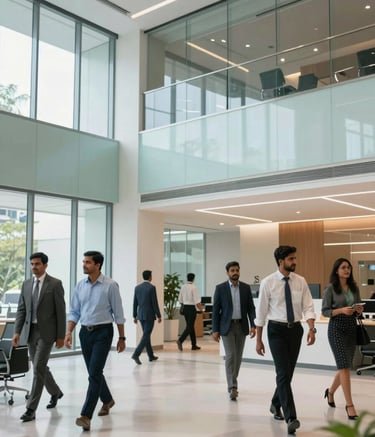 Modern office interior in Chennai, showing a sleek lobby with glass walls and light blue accents. Professional South Asian / Indian employees are seen walking through the bright, corporate space.