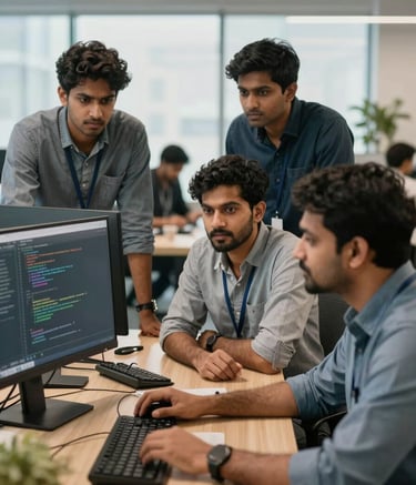 A group of South Asian / Indian software developers collaborating in a modern IT park meeting room. They are looking at a code-filled monitor with a professional and focused atmosphere, soft daylight lighting.