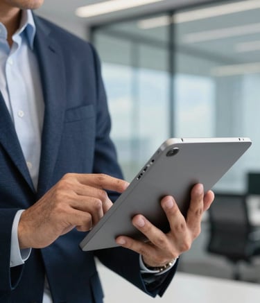 A close-up of a Latin American professional's hands using a sleek tablet in a clean, high-tech office environment. The lighting is crisp and efficient, with deep navy blue and soft sky blue tones reflected in the background architecture.