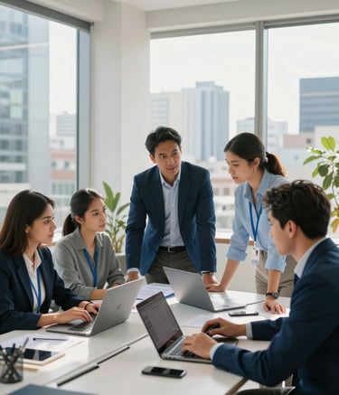A bright, modern office in a Latin American city. A professional team of insurance consultants is collaborating around a large desk with sleek laptops. Soft sunlight, professional attire, with steel blue and cloud white accents.
