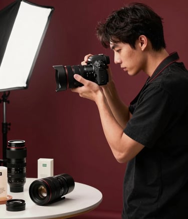 A professional photographer in a North American studio setting, focusing a camera on an aesthetic product arrangement. The scene shows professional gear and lighting setups in a sophisticated, down-to-earth atmosphere with subtle deep ripe crimson accents in the background.