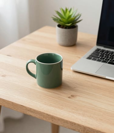 A high-angle photograph of a clean, cozy Scandinavian-style wooden desk in a bright North American office. A ceramic mug, a sleek laptop, and a small potted plant are arranged neatly. The lighting is soft and natural, emphasizing the textures of matte forest green and crisp parchment colors in the room's decor.