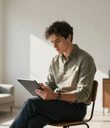 A creative professional in business casual attire working in a sun-drenched North American studio. The composition is a medium shot showing the individual focused on a tablet. The room features minimalist off-white walls and sophisticated furniture.