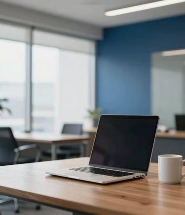 A bright, professional North American corporate office featuring a clean wooden desk with a sleek laptop and a ceramic mug. The background shows a soft-focus modern interior with deep blue and slate blue decor elements, illuminated by natural window light.