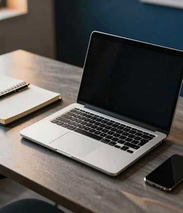A high-angle shot of a tidy, modern workspace in North America. A sleek laptop sits on a polished surface next to a notebook. The lighting is crisp and professional, highlighting a sophisticated atmosphere with hints of amber and deep blue in the background.