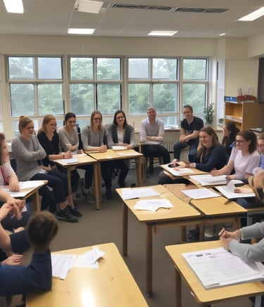A group of trainee teachers collaborating around a classroom table with lesson plans and laptops.