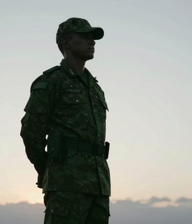 A silhouette of a Brazilian Marine standing guard at dawn, with soft morning light illuminating the horizon. The composition is clean and modern, using a color palette of deep greens (#3E544D) and grays (#8D9D95). Inspirational and disciplined atmosphere.