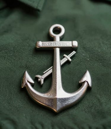 A high-quality, professional macro shot of a Brazilian Marine's uniform emblem, focusing on the metallic anchor and crossed rifles. The lighting is dramatic, highlighting textures and metallic glints against a dark green (#3E544D) fabric background. Serious and authoritative mood.