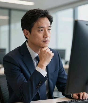 A focused shot of a sophisticated financial advisor looking thoughtfully at a screen in a professional North American corporate setting, soft lighting, professional business attire in navy blue.