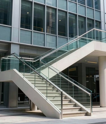 An artistic architectural shot of light hitting a modern glass staircase in a corporate headquarters, symbolizing growth and stability, in a North American business district, featuring a palette of steel blue and off-white.