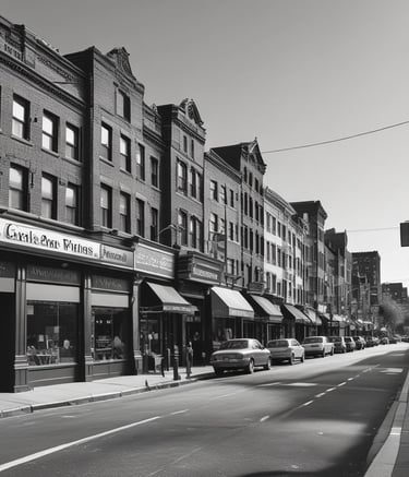 A construction site covered with white sheets, situated at a street corner with visible road signs and traffic lights. Two individuals wearing helmets stand near the entrance. The scene includes some parked and passing vehicles, and the background is a large building with small windows.