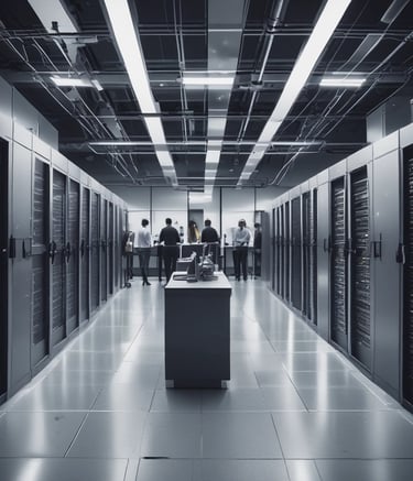 A laboratory setting with several advanced machines, including a prominent white machine labeled 'SINIC-TEK' featuring a large monitor on top displaying technical graphics. Beside it, another machine displays the label 'GWEI' with a smaller screen. The setting has a high-tech and industrial appearance with a polished green floor and metallic curtains.