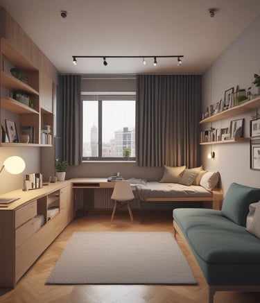 A modern, stylish interior with wooden walls featuring geometric patterns and warm lighting. The space includes sleek tables and chairs with light-colored upholstery, complemented by a potted green plant in the corner. The design is minimalistic yet inviting.