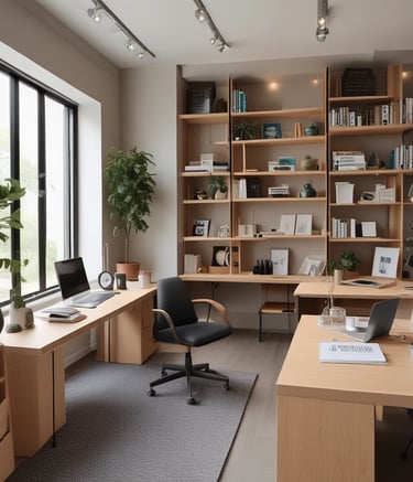 An elegantly designed room features modern wooden furniture, with various types of seating and shelving. The space is well-lit due to large windows that allow natural light to stream in. Hanging geometric pendant lights add to the stylish atmosphere. The decor includes colorful throw pillows and minimal decorative pieces.