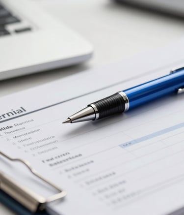A close-up of a professional desk in an Indonesian financial services office. A sleek pen rests on a financial report, with a clean background. The colors include oxford blue and soft platinum.