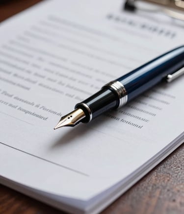 A close-up of a high-end fountain pen resting on a detailed legal contract on a mahogany desk. The lighting is professional and clear, with deep charcoal navy shadows and soft ice blue highlights reflecting off the polished wood. The mood is one of serious legal precision.