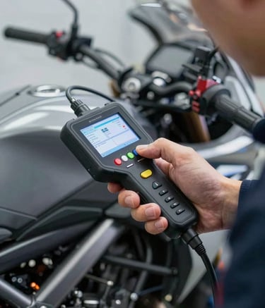 A close-up, high-detail shot of a professional mechanic's hand using a digital diagnostic tool on a modern motorcycle engine. The lighting is bright and technical, emphasizing precision and the metallic textures of the bike. The color palette includes #1F1F1F and metallic tones, with subtle #A03222 accents on the motorcycle frame. Modern, structured aesthetic.
