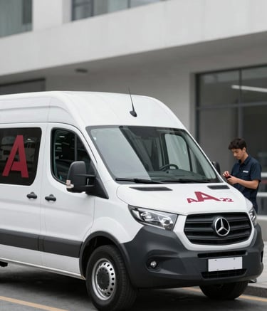 A sleek, branded mobile service van parked in a clean, modern urban setting. A technician is seen in the background preparing professional tools. The style is minimalist and high-end, focusing on convenience and trust. Dominant colors are #F5F5F5 for the environment and #1F1F1F for the van, with a professional #A03222 logo.