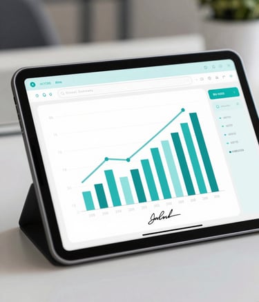 A close-up of a digital tablet showing a clearly rising financial bar chart and a secure signature line. Professional lighting, modern office setting. The brand's #4A7C8E teal and #A8C9D8 light blue are subtly integrated in the interface and office decor.