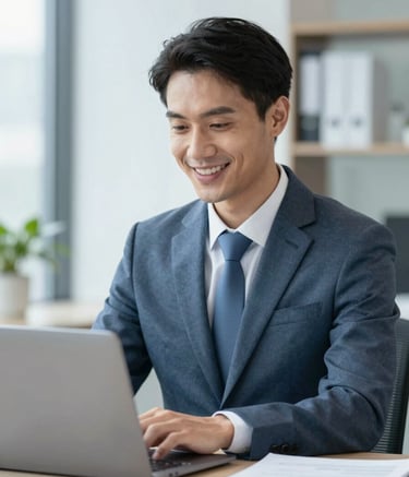 A professional financial advisor in a modern office, smiling confidently while looking at a laptop. The atmosphere is trustworthy and bright. Color palette includes #1D2D3E and #F7FAFC.