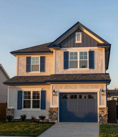 A modern North American / US suburban family home during a golden hour sunset. The architecture features steel blue shutters and dark slate blue trim. The scene exudes a sense of safety, stability, and peace of mind, high-resolution architectural photography.