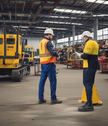 A prominently displayed safety instruction sign at a secure area entry point. It lists various rules including: port safety induction required, flashing beacon and headlights on, children not permitted, speed limit of 20km/h, no public entry, extreme caution with heavy machinery, no handheld devices, drug and alcohol-free site, specific clothing and footwear requirements, and no bicycles. Additionally, it warns of hazardous substances present, such as oxidizing and flammable agents, toxic and corrosive materials, with emergency contact information provided.