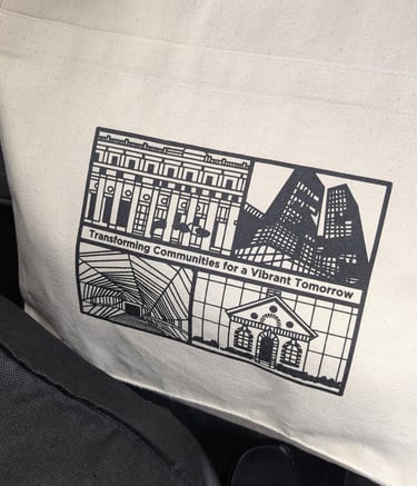 a tote bag with a picture of a cityscape