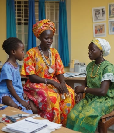 Two women are engaged in conversation in a medical setting, one wearing a white coat, suggesting she is a healthcare professional. The environment contains medical equipment, possibly indicating a check-up or consultation is taking place.