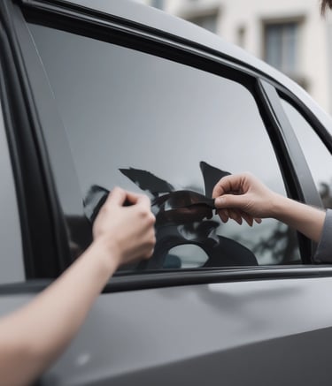 The image captures the interior of a car through a partially open window, reflecting a street scene outside. Various colorful stickers are displayed on the window. The background includes a building with green tones and outdoor seating arrangements, visible through the window's reflection.