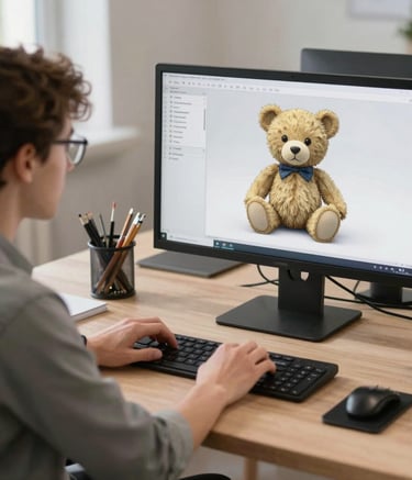 A collaborative meeting between a client and design team reviewing plush toy prototypes on a laptop screen.