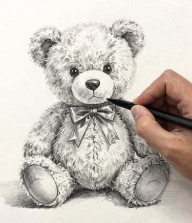 A designer’s hand sketching a plush toy concept on recycled paper surrounded by eco-friendly fabric samples.