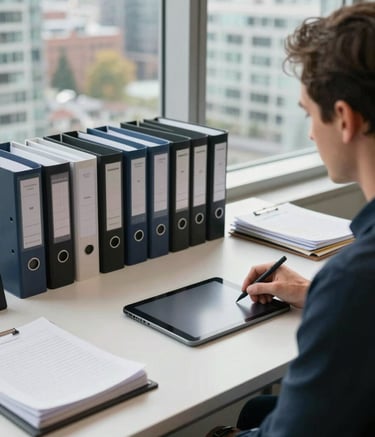A professional North American casting director's workspace in Vancouver. A clean minimalist desk with a digital tablet, organized script binders, and a view of the city through a large window. Soft, natural daylight and a professional atmosphere.