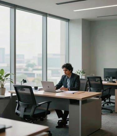 Photography of a professional workspace in a South Asian / Indian corporate office in Gurugram. Soft natural lighting from floor-to-ceiling windows. The interior features mist-colored walls and sophisticated minimalist furniture. The scene captures a forward-thinking and reliable business environment.