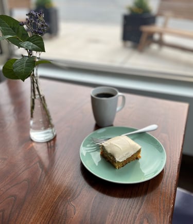 Carrot cake, desserts, scones, pastries, coffee, cappuccino, latte, tea, cold brew, cookies