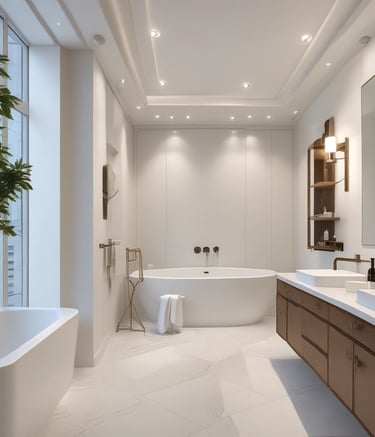 Elegant bathroom vanity with black hardware and beige tiles.