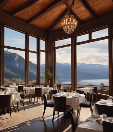 Fine dining restaurant with white table clothes looking out over the mountain scenery.
