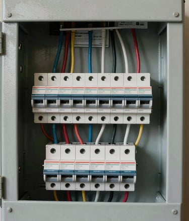 A detailed, professional photograph of a perfectly organized residential electrical panel with new circuit breakers. The lighting is crisp and clear, highlighting the precision of the wiring in a North American home setting.