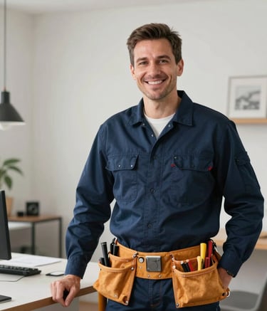 A professional North American electrician wearing a navy blue uniform and tool belt, smiling confidently while standing in a modern, well-lit home office. Trustworthy and expert demeanor.