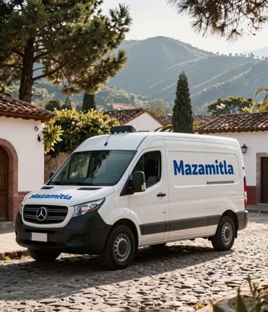 A professional mobile tire service van parked on a picturesque cobblestone street in Mazamitla, Jalisco, surrounded by pine trees and mountain architecture. High-quality photography, afternoon sun casting soft shadows, emphasizing a reliable and modern service in a North American / Mexican mountain town.