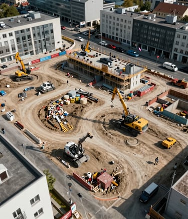 An aerial view of a busy, organized construction site in a Central European city, showing modern equipment and a clean, efficient workspace, daytime photography with natural lighting.