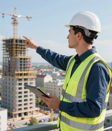 A skilled construction engineer in professional high-visibility gear holding a digital tablet and pointing toward a new urban development in a Central European city, bright and efficient lighting, Slate Blue accents.