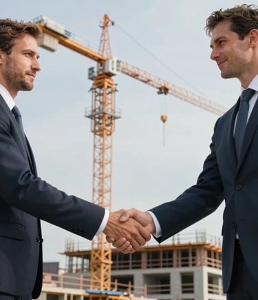 A professional handshake between two business partners on a Central European construction site, with a large crane and a modern building structure in the background under a soft Blue-Grey sky, professional photography style.
