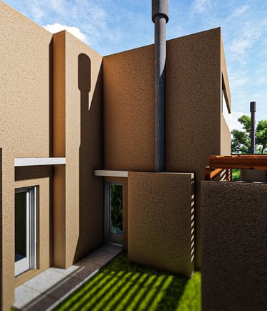 Detalle de proyecto arquitectónico con muros texturados y patio interior